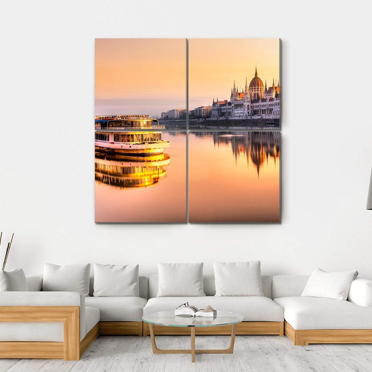 View Of Budapest Parliament At Sunrise Canvas Wall Art-4 Square-Gallery Wrap-17" x 17"-Tiaracle