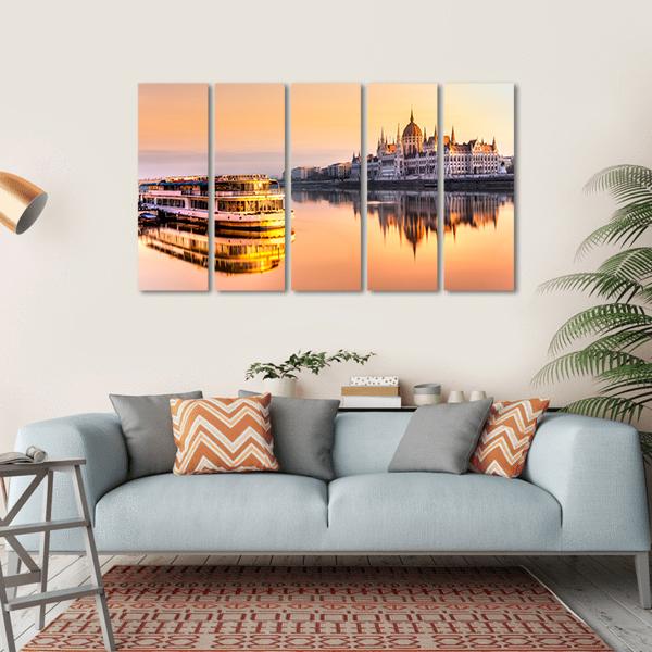 View Of Budapest Parliament At Sunrise Canvas Wall Art-5 Horizontal-Gallery Wrap-22" x 12"-Tiaracle