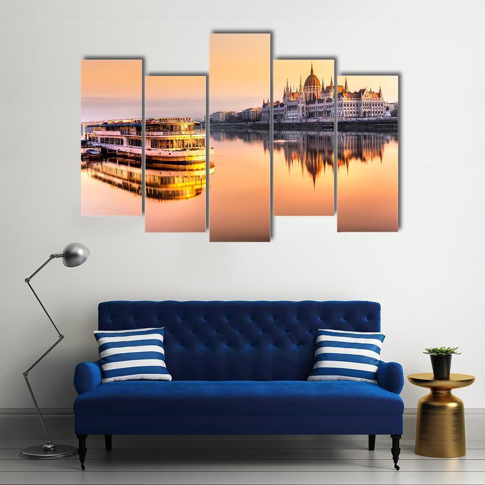 View Of Budapest Parliament At Sunrise Canvas Wall Art-4 Pop-Gallery Wrap-50" x 32"-Tiaracle