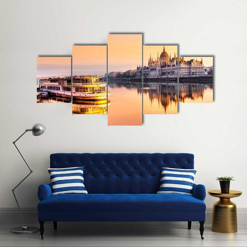 View Of Budapest Parliament At Sunrise Canvas Wall Art-5 Star-Gallery Wrap-62" x 32"-Tiaracle