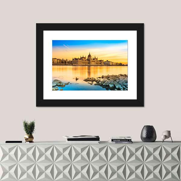 View Of Budapest Parliament At Sunset Canvas Wall Art-1 Piece-Framed Print-20" x 16"-Tiaracle