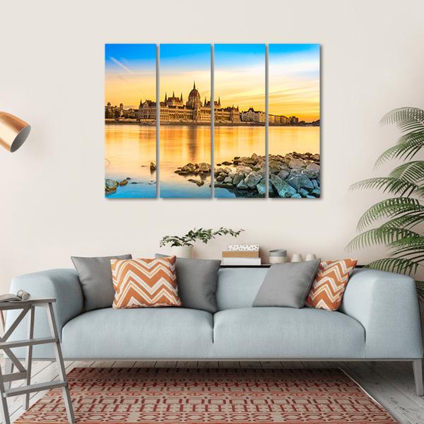 View Of Budapest Parliament At Sunset Canvas Wall Art-4 Horizontal-Gallery Wrap-34" x 24"-Tiaracle