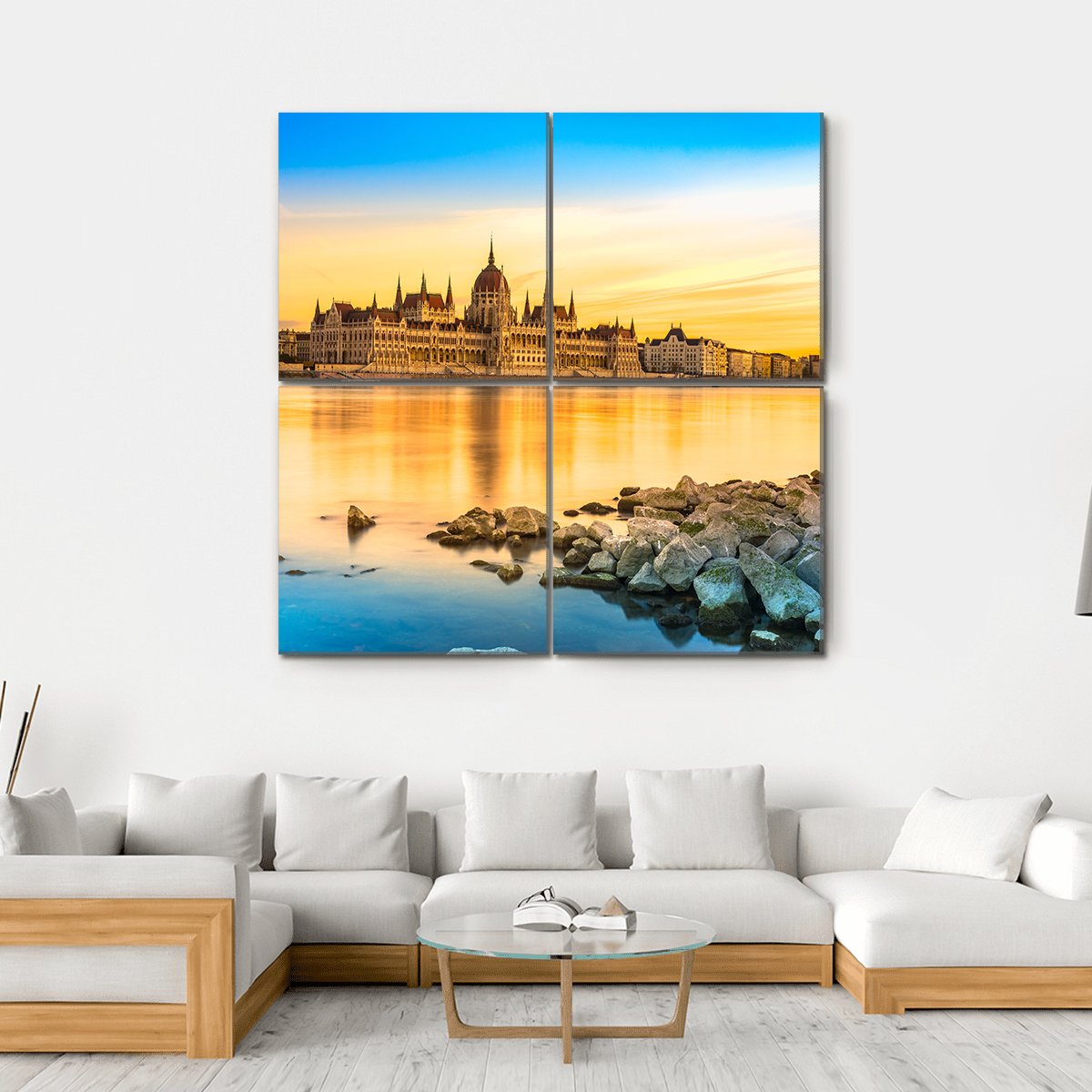 View Of Budapest Parliament At Sunset Canvas Wall Art-4 Square-Gallery Wrap-17" x 17"-Tiaracle