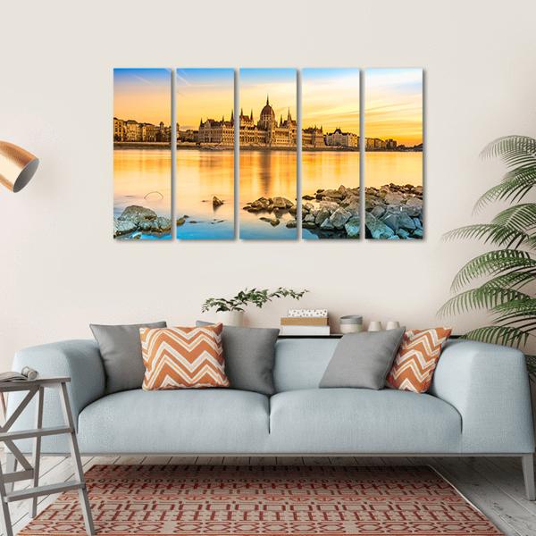 View Of Budapest Parliament At Sunset Canvas Wall Art-5 Horizontal-Gallery Wrap-22" x 12"-Tiaracle
