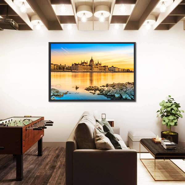 View Of Budapest Parliament At Sunset Canvas Wall Art-3 Horizontal-Gallery Wrap-25" x 16"-Tiaracle