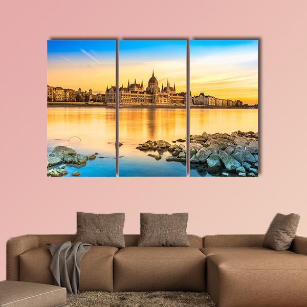 View Of Budapest Parliament At Sunset Canvas Wall Art-3 Horizontal-Gallery Wrap-25" x 16"-Tiaracle