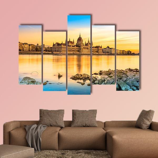 View Of Budapest Parliament At Sunset Canvas Wall Art-5 Pop-Gallery Wrap-47" x 32"-Tiaracle