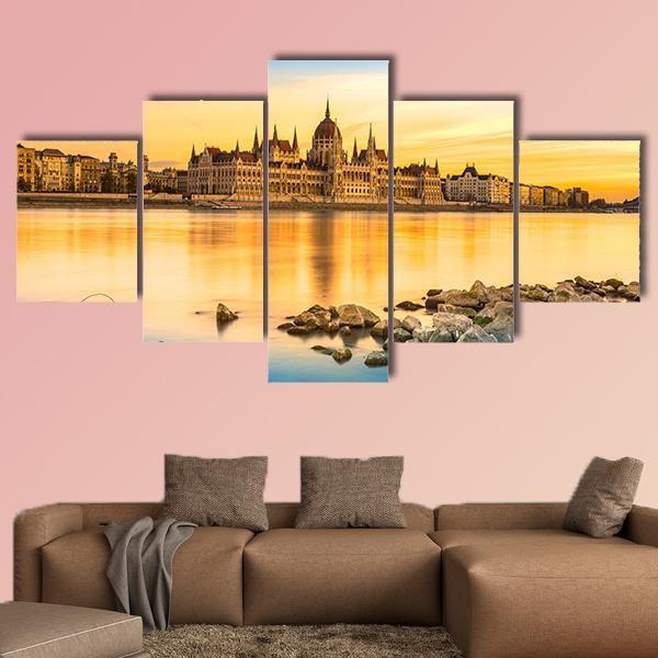 View Of Budapest Parliament At Sunset Canvas Wall Art-5 Star-Gallery Wrap-62" x 32"-Tiaracle