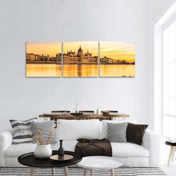 View Of Budapest Parliament At Sunset Panoramic Canvas Wall Art-3 Piece-25" x 08"-Tiaracle