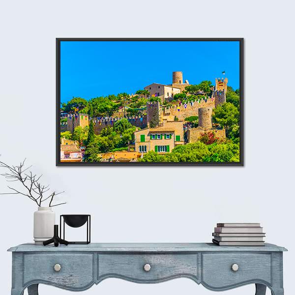 View Of Capdepera Castle With Town Canvas Wall Art-1 Piece-Floating Frame-24" x 16"-Tiaracle