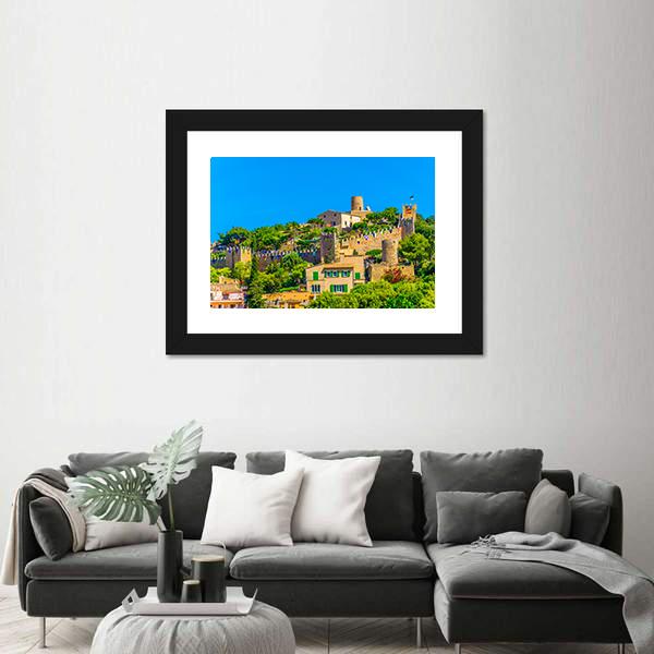 View Of Capdepera Castle With Town Canvas Wall Art-1 Piece-Framed Print-20" x 16"-Tiaracle