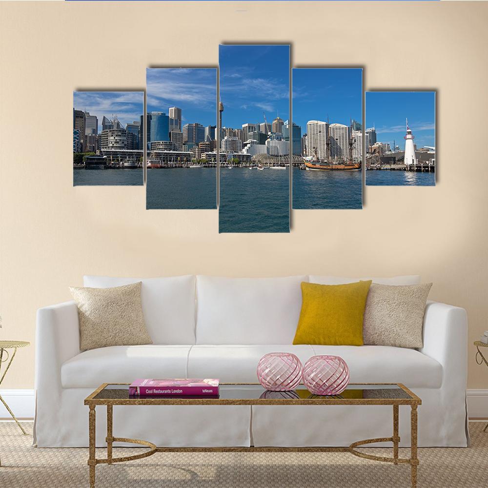 Cape Bowling Green Lighthouse View Canvas Wall Art in gray and blue, 5 panel Star layout hung on a wall