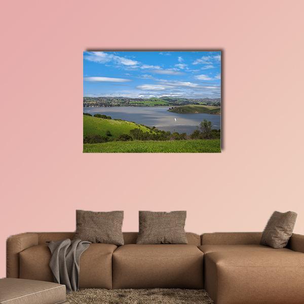 View of Carquinez Strait Canvas Wall Art in green and blue, single panel hung on a wall