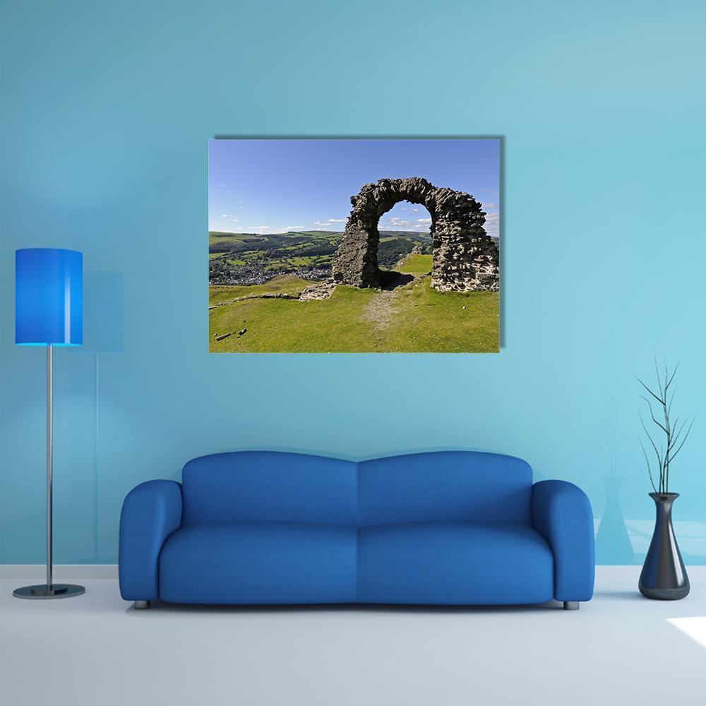 Castell Dinas Bran View Canvas Wall Art in gray, green and blue, single panel hung on a wall