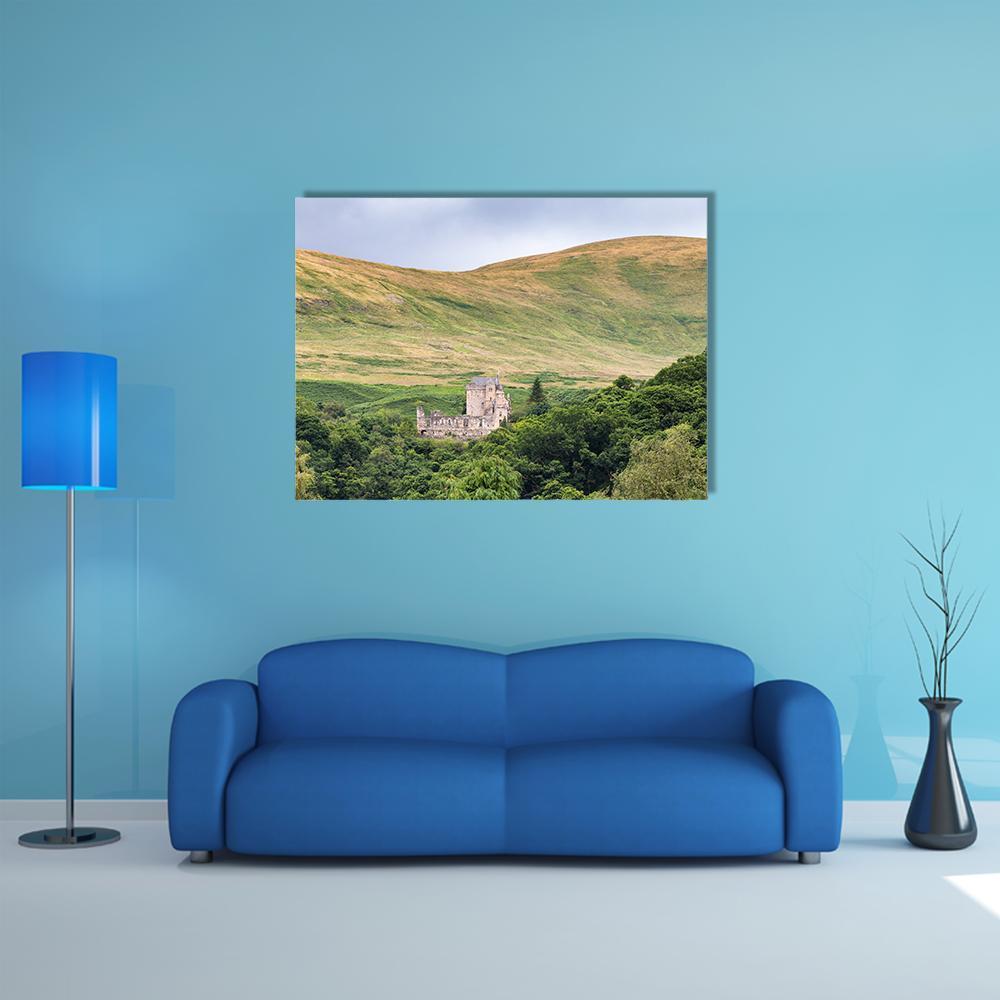 View of Castle Campbell Canvas Wall Art in gray, yellow and green, single panel hung on a wall
