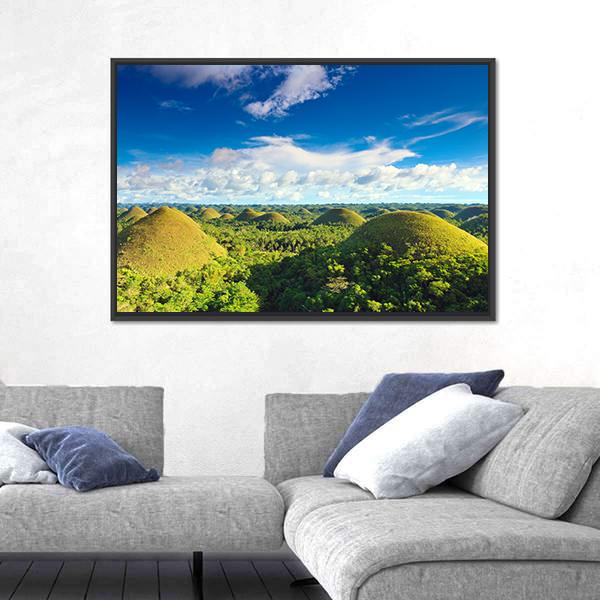 View of Chocolate Hills Bohol Canvas Wall Art in green and blue, framed canvas, product view on a white background
