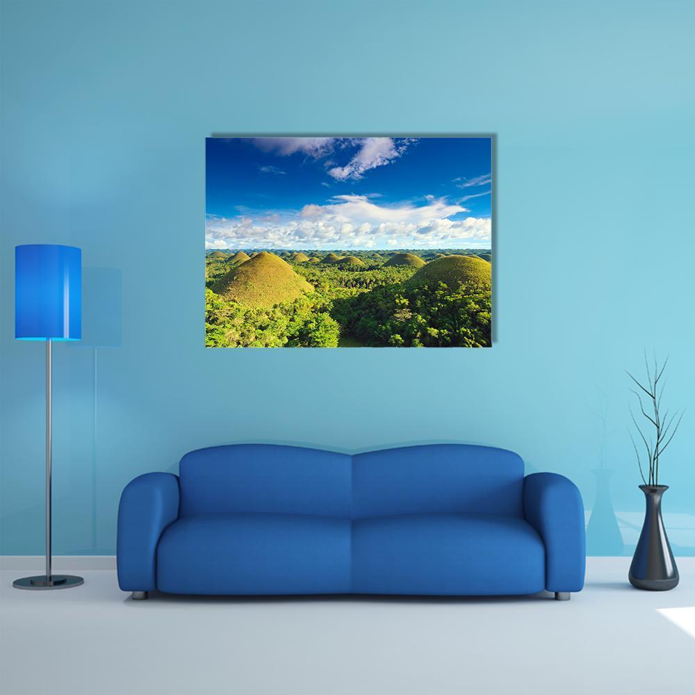 View of Chocolate Hills Bohol Canvas Wall Art in green and blue, single panel hung on a wall