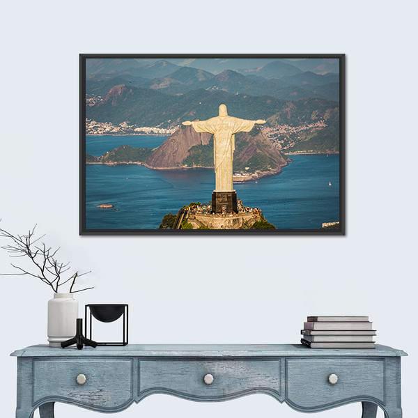 View Of Christ And Botafogo Bay Canvas Wall Art-1 Piece-Floating Frame-24" x 16"-Tiaracle