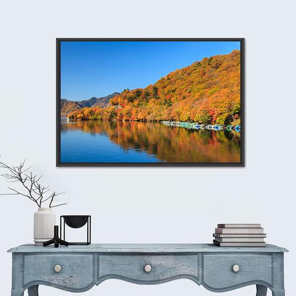 View Of Chuzenji Lake In Autumn Canvas Wall Art-1 Piece-Floating Frame-24" x 16"-Tiaracle