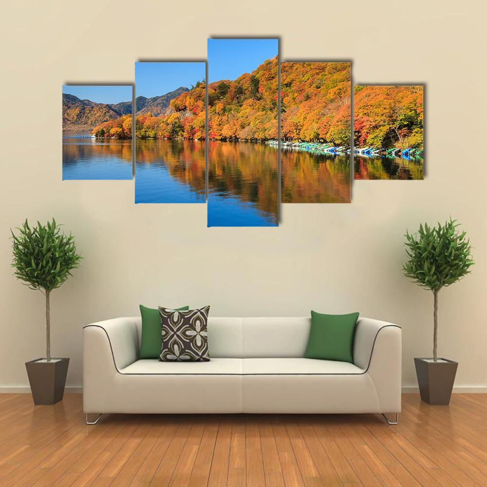 View Of Chuzenji Lake In Autumn Canvas Wall Art-5 Star-Gallery Wrap-62" x 32"-Tiaracle