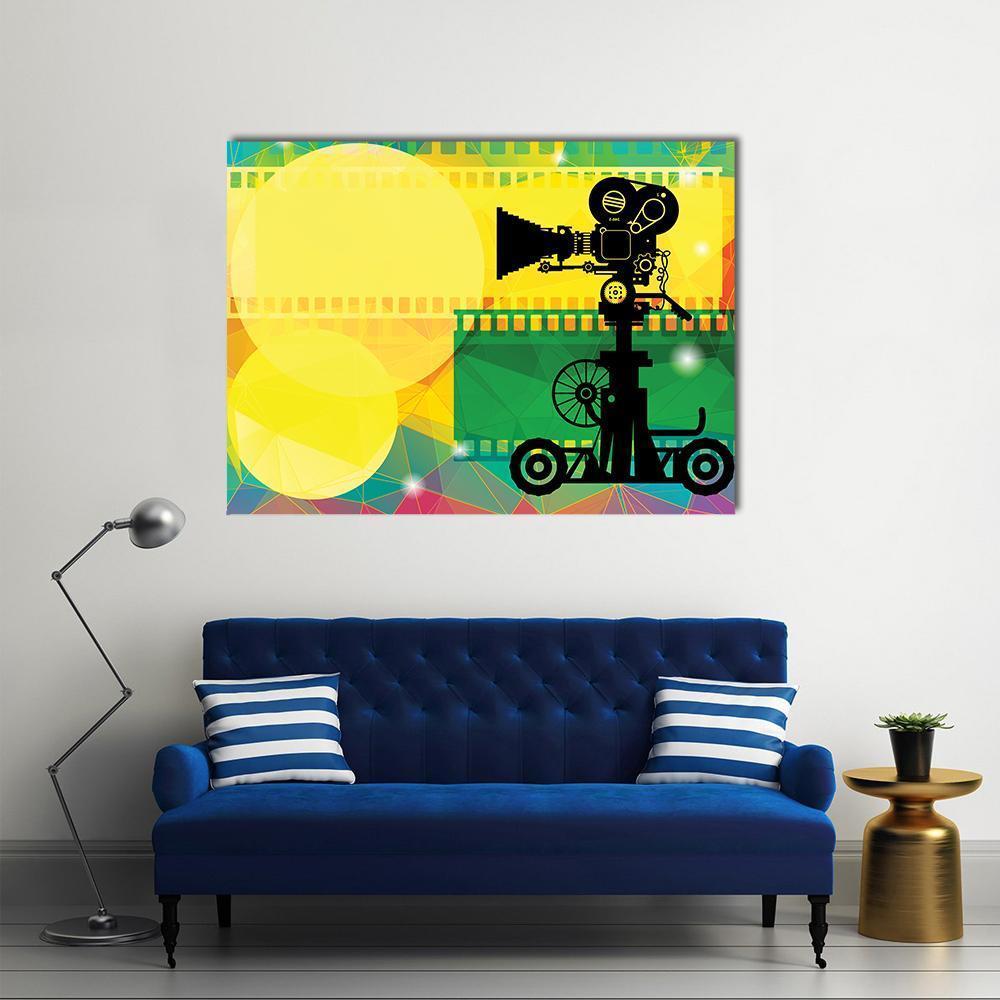 Geometric Vintage Film Camera Canvas Wall Art in black, yellow and green, single panel hung on a wall