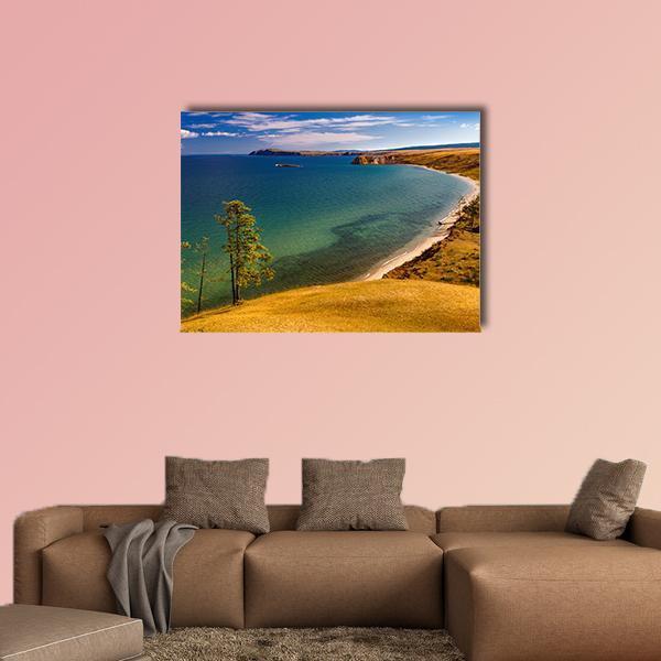 Baikal Coast with Two Slender Trees Canvas Wall Art in brown, yellow and blue, single panel hung on a wall