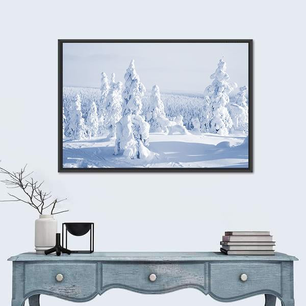 View Of Cold Winter With Lot Of Snow Canvas Wall Art-1 Piece-Floating Frame-24" x 16"-Tiaracle