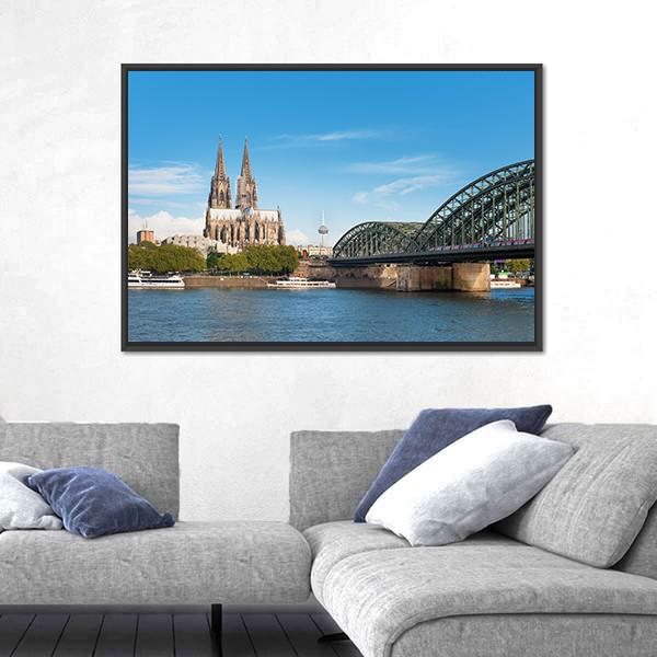 View Of Cologne Over The Rhein River Canvas Wall Art-3 Horizontal-Gallery Wrap-25" x 16"-Tiaracle