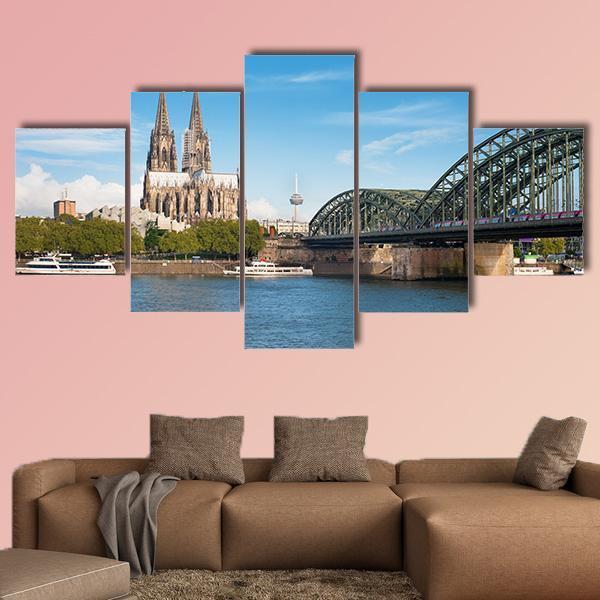 View Of Cologne Over The Rhein River Canvas Wall Art-5 Star-Gallery Wrap-62" x 32"-Tiaracle