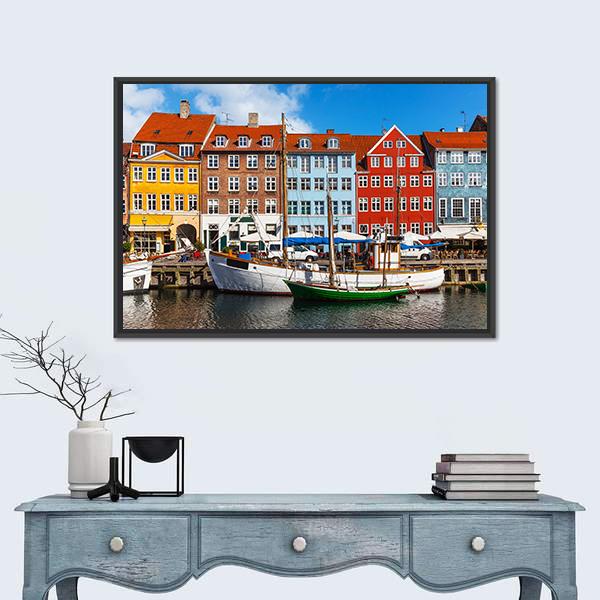 View Of Color Buildings Of Nyhavn Canvas Wall Art-1 Piece-Floating Frame-24" x 16"-Tiaracle