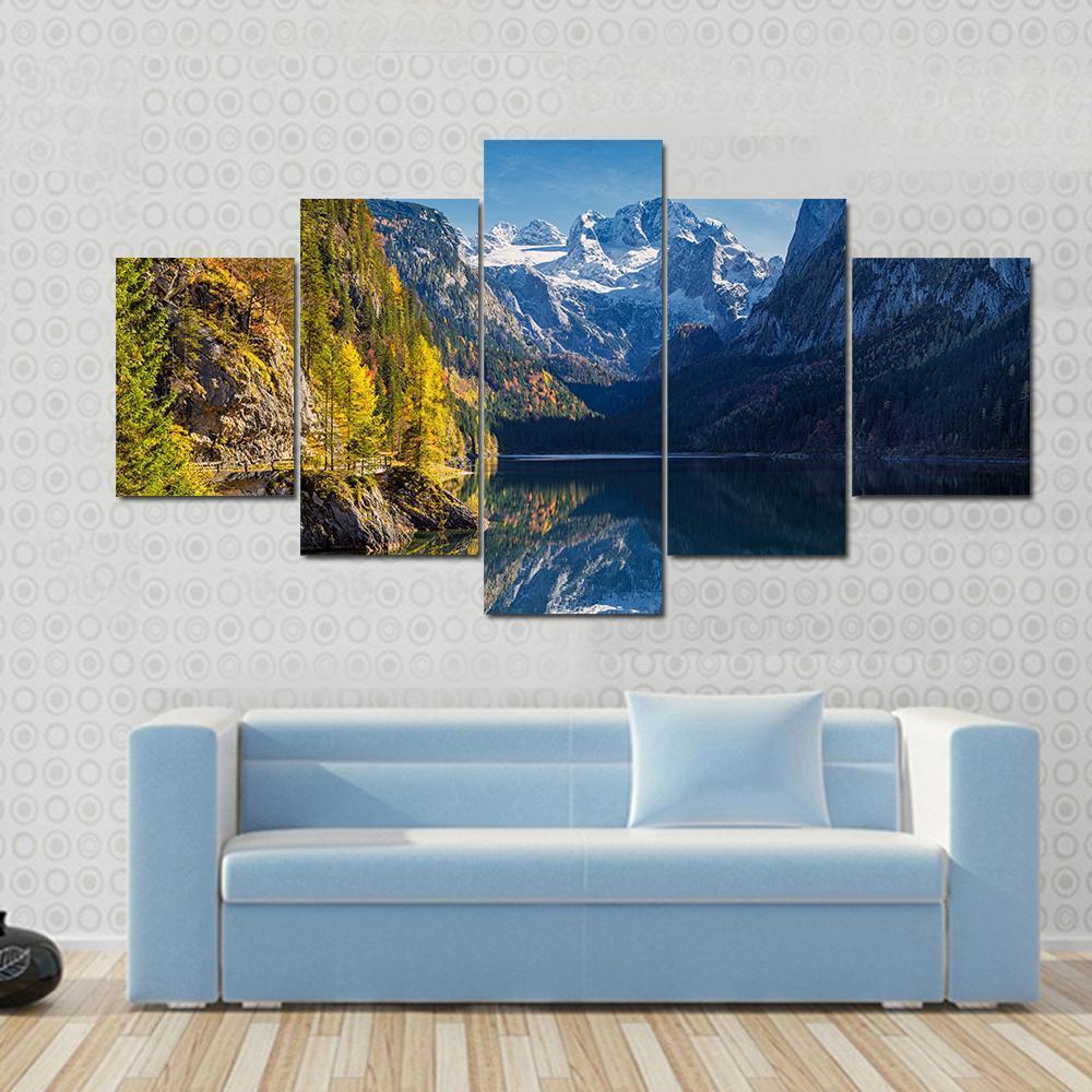 View Of Colorful Autumn Mountain In Austria Canvas Wall Art-5 Star-Gallery Wrap-62" x 32"-Tiaracle