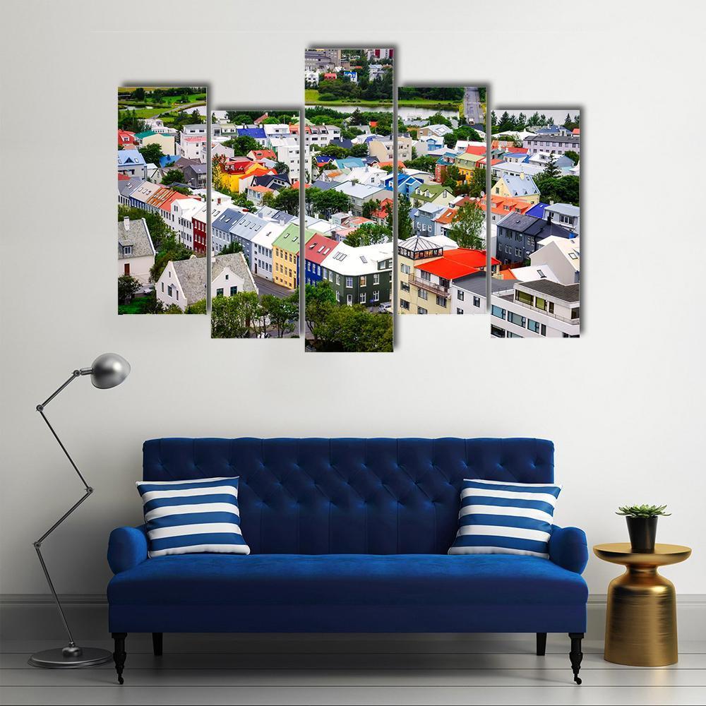 View Of Colorful Houses InIceland Canvas Wall Art-5 Pop-Gallery Wrap-47" x 32"-Tiaracle