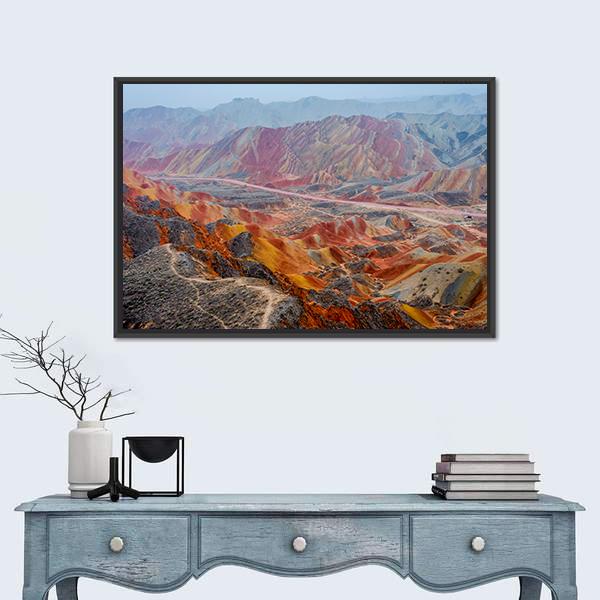 View Of Colorful Rainbow Mountains At Zhangye In China Canvas Wall Art-1 Piece-Floating Frame-24" x 16"-Tiaracle