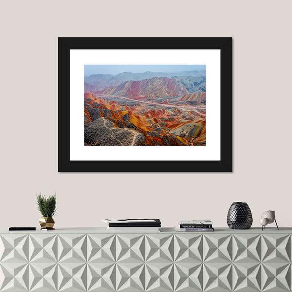 View Of Colorful Rainbow Mountains At Zhangye In China Canvas Wall Art-1 Piece-Framed Print-20" x 16"-Tiaracle