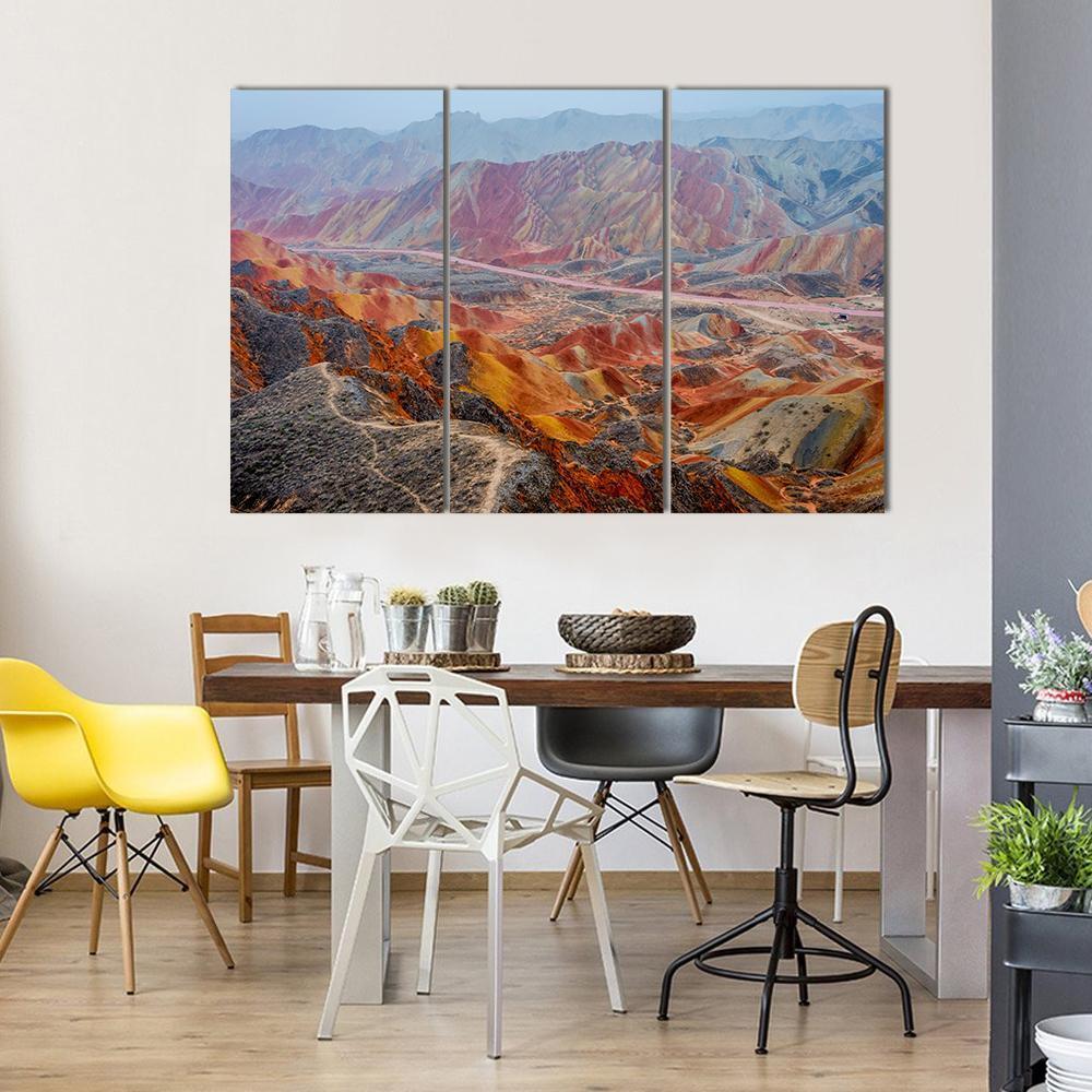 View Of Colorful Rainbow Mountains At Zhangye In China Canvas Wall Art-3 Horizontal-Gallery Wrap-37" x 24"-Tiaracle