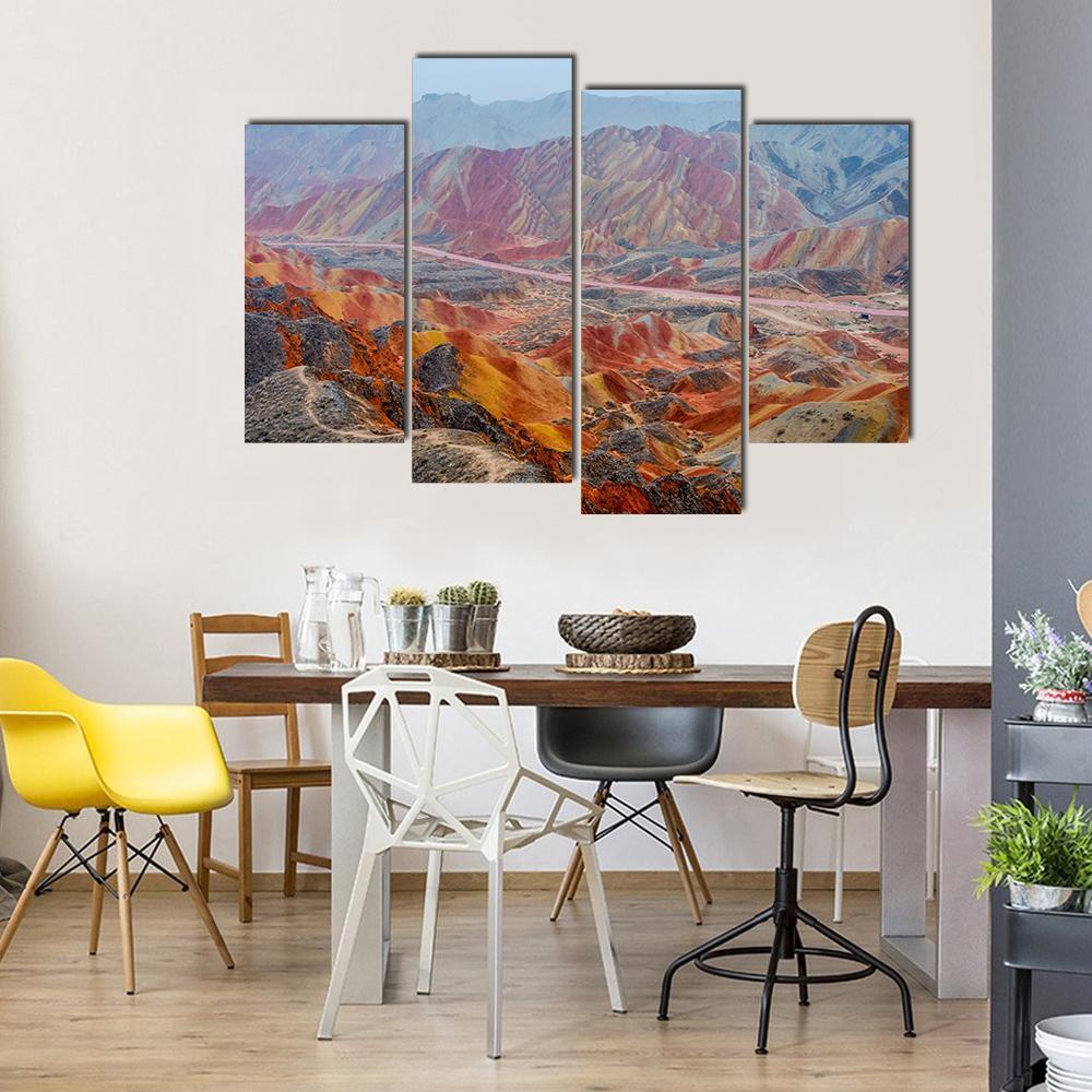 View Of Colorful Rainbow Mountains At Zhangye In China Canvas Wall Art-4 Pop-Gallery Wrap-50" x 32"-Tiaracle