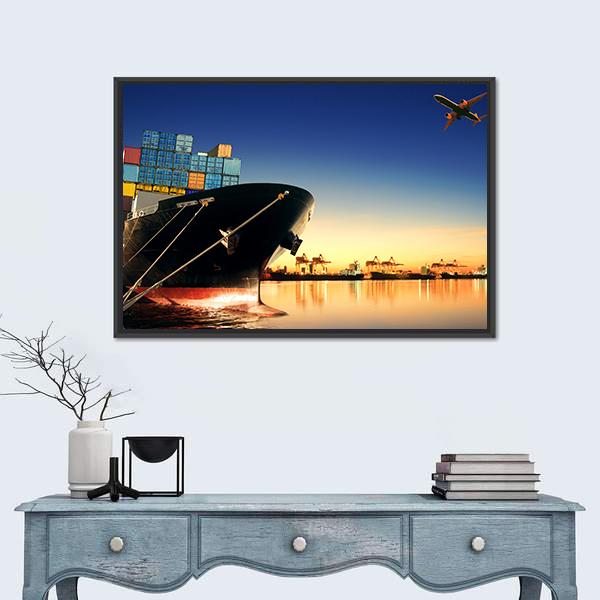 View Of Container Ship In A Port Canvas Wall Art-1 Piece-Floating Frame-24" x 16"-Tiaracle