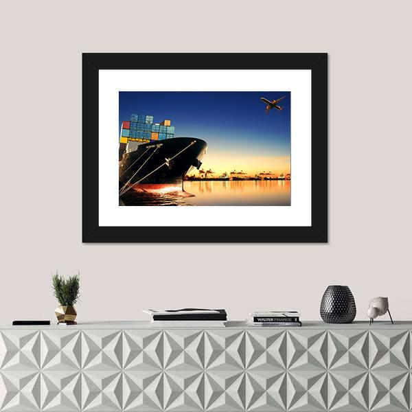 View Of Container Ship In A Port Canvas Wall Art-1 Piece-Framed Print-20" x 16"-Tiaracle
