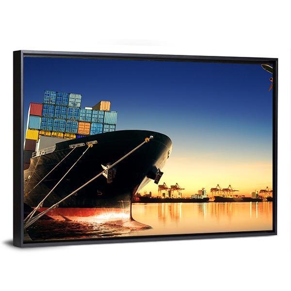 View Of Container Ship In A Port Canvas Wall Art-3 Horizontal-Gallery Wrap-25" x 16"-Tiaracle