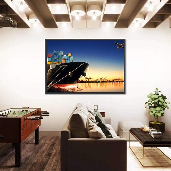 View Of Container Ship In A Port Canvas Wall Art-3 Horizontal-Gallery Wrap-25" x 16"-Tiaracle