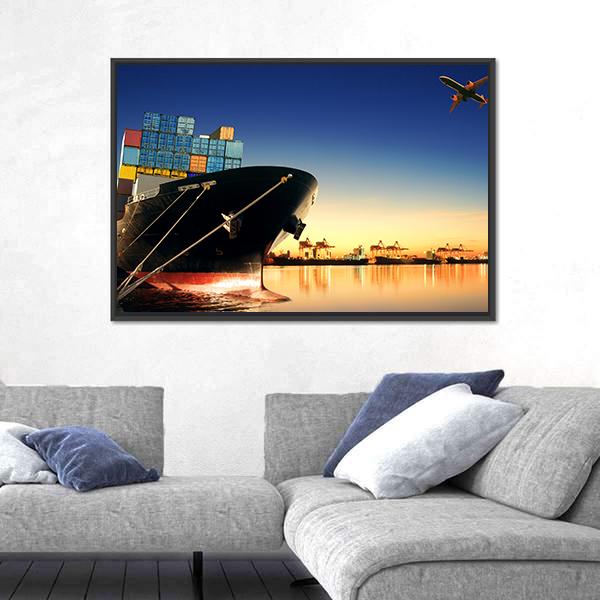 View Of Container Ship In A Port Canvas Wall Art-3 Horizontal-Gallery Wrap-25" x 16"-Tiaracle