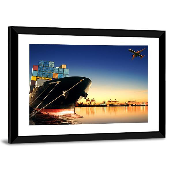 View Of Container Ship In A Port Canvas Wall Art-3 Horizontal-Gallery Wrap-25" x 16"-Tiaracle
