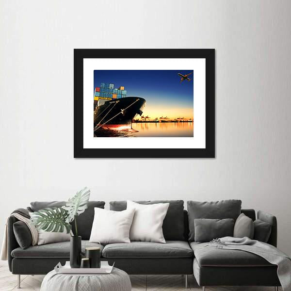 View Of Container Ship In A Port Canvas Wall Art-3 Horizontal-Gallery Wrap-25" x 16"-Tiaracle