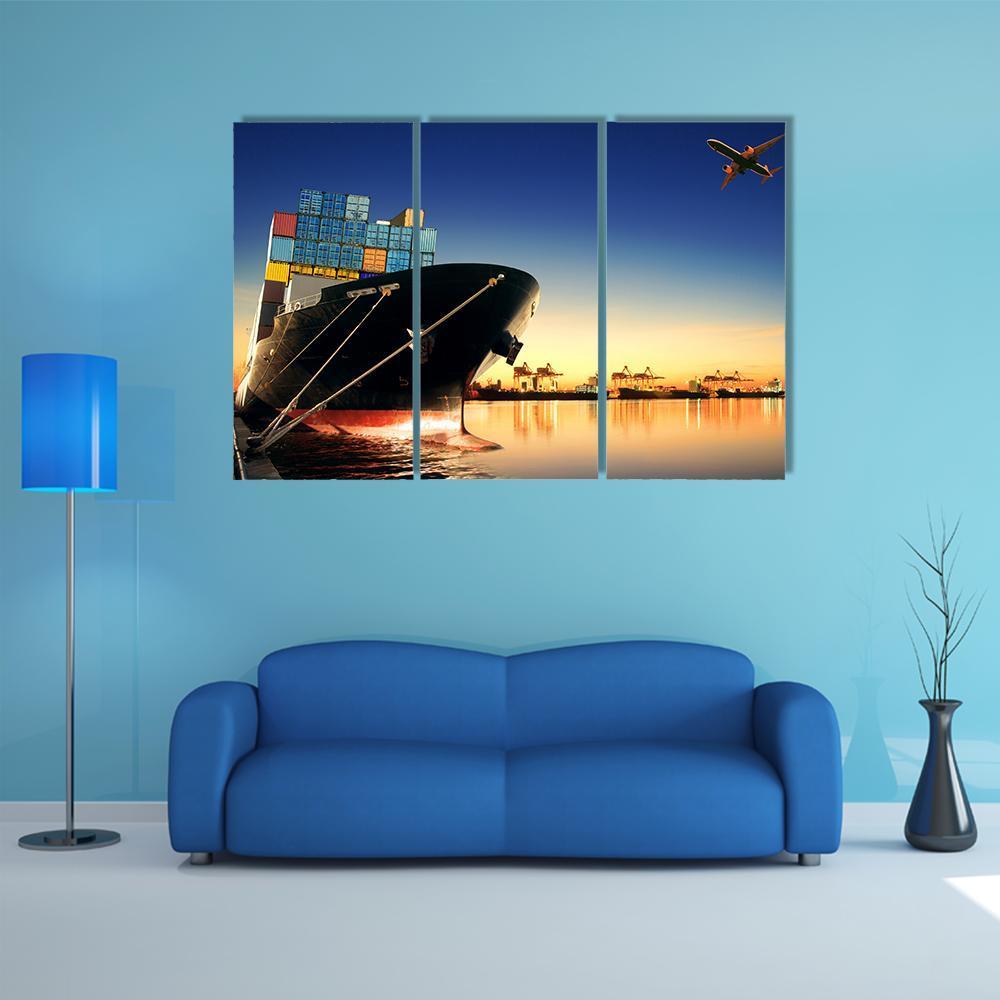 View Of Container Ship In A Port Canvas Wall Art-3 Horizontal-Gallery Wrap-37" x 24"-Tiaracle