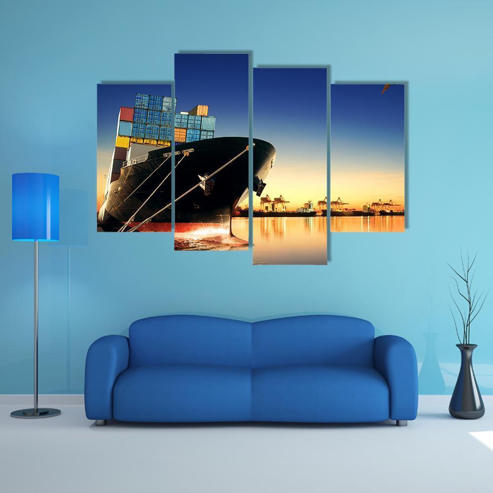View Of Container Ship In A Port Canvas Wall Art-4 Pop-Gallery Wrap-50" x 32"-Tiaracle