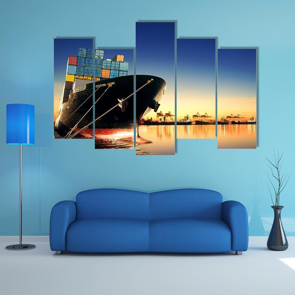 View Of Container Ship In A Port Canvas Wall Art-5 Pop-Gallery Wrap-47" x 32"-Tiaracle