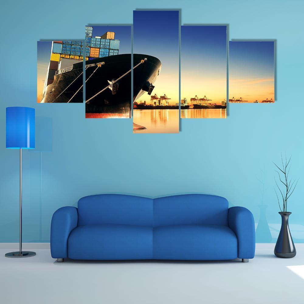 View Of Container Ship In A Port Canvas Wall Art-5 Star-Gallery Wrap-62" x 32"-Tiaracle