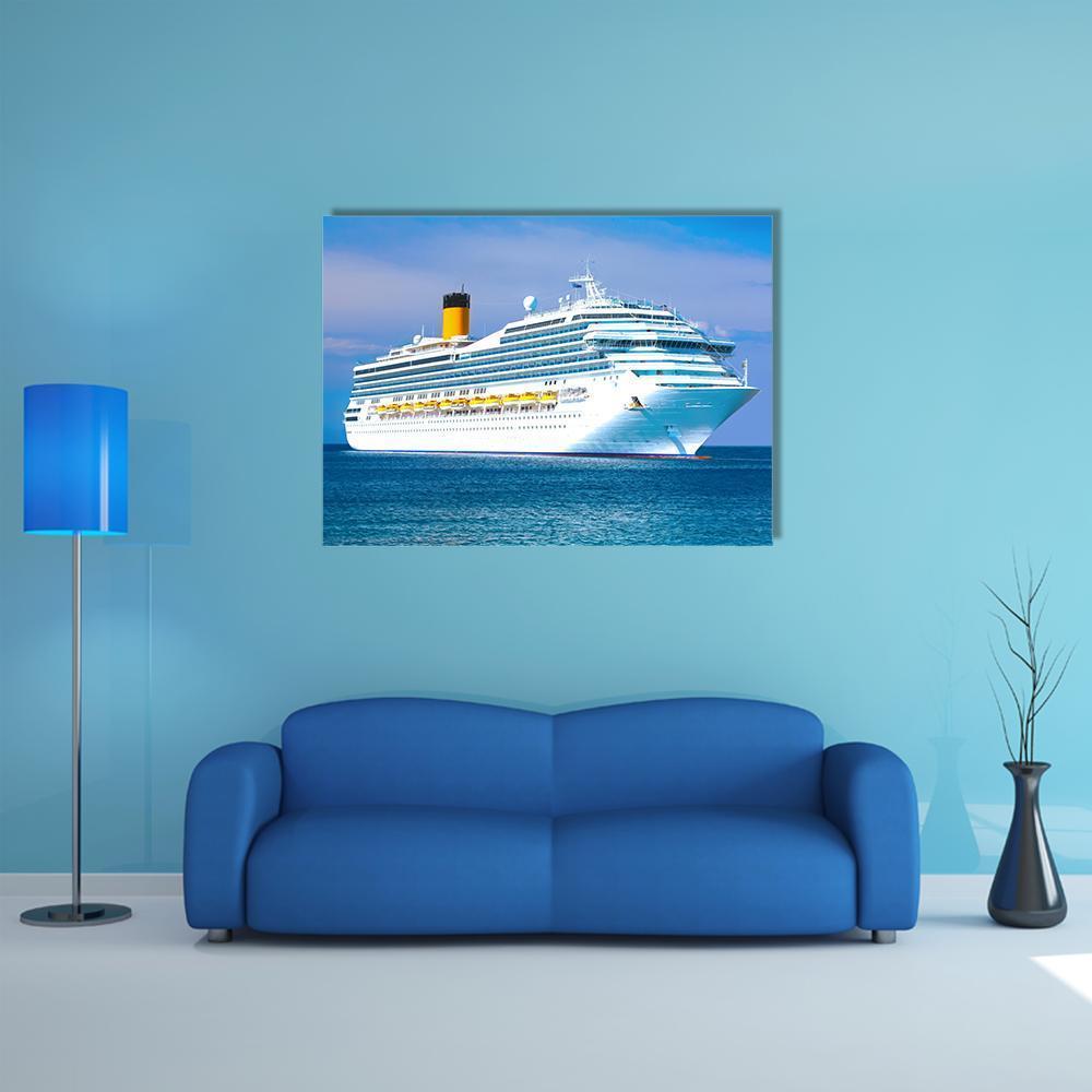 Cruise Ship with Yellow Funnel Canvas Wall Art in white and blue, single panel hung on a wall