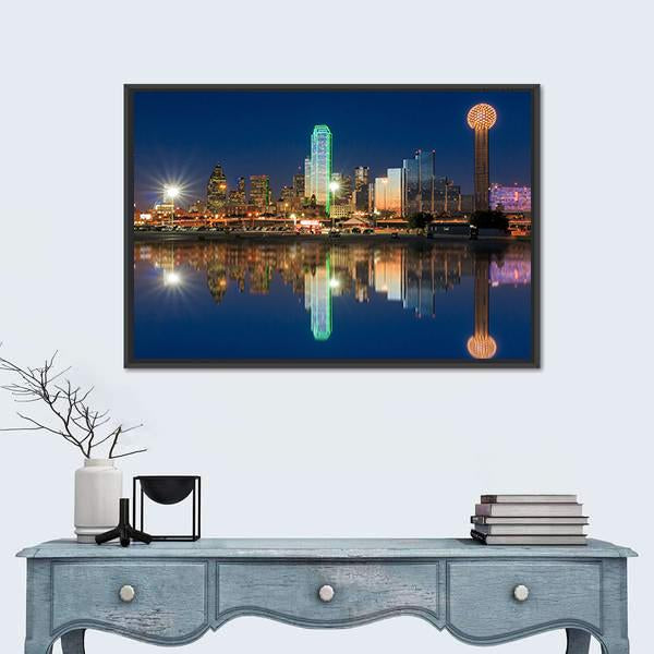 Dallas Skyline with Reunion Tower at Night Canvas Wall Art in black, blue and navy, framed canvas, product view on a white background