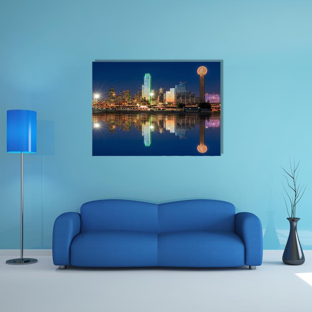 Dallas Skyline at Night Canvas Wall Art in black, blue and navy, single panel hung on a wall